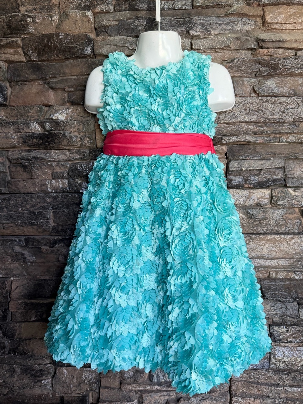 Rare Editions Aqua Rosette Dress with Pink Waistband